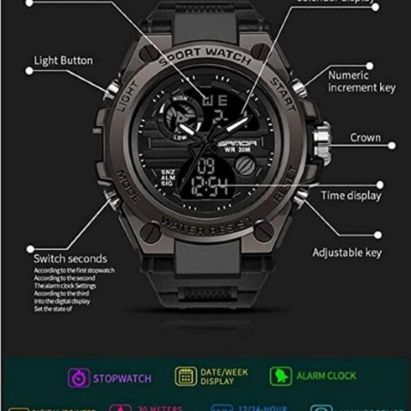 BLACK SILVER STAINLESS STEEL MILITARY SPORT WATERPROOF QUARTZ WRISTWATCH - Picture 5 of 6